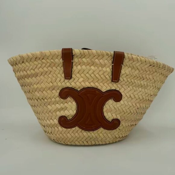 Raffia Calfskin Triomphe Medium Panier Tan - Picture 1 of 6